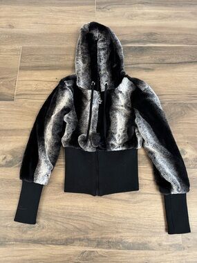 Bebe Black and Grey Faux Fur Hooded Jacket
